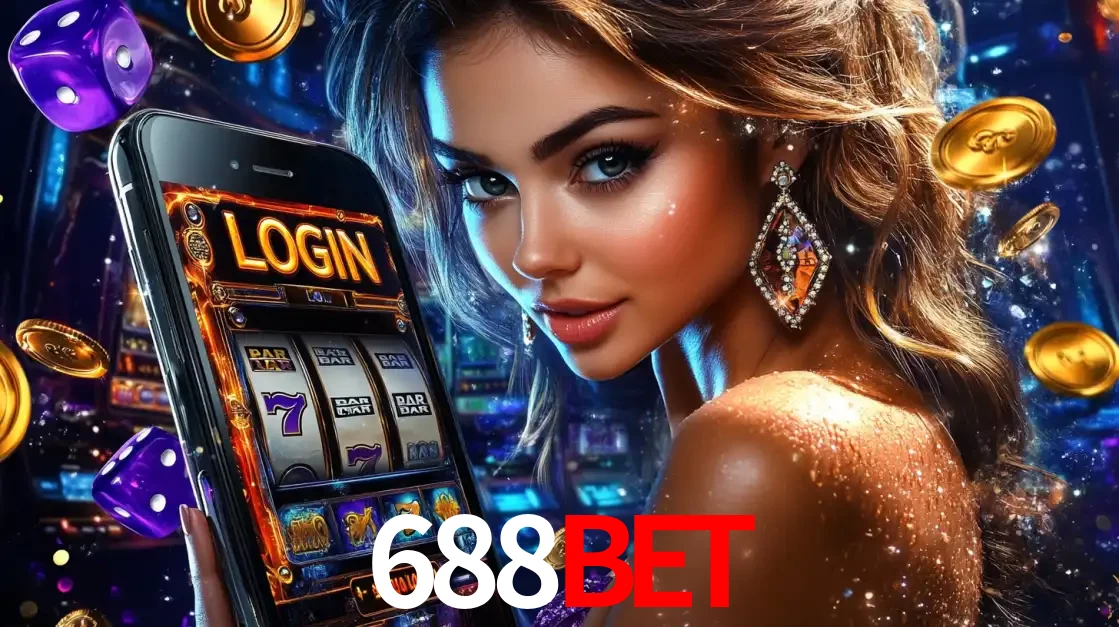 Mulher glamorosa segurando um smartphone com a tela de login para os jogos de caça-níqueis do cassino online 688BET, com moedas de ouro e dados ao redor.