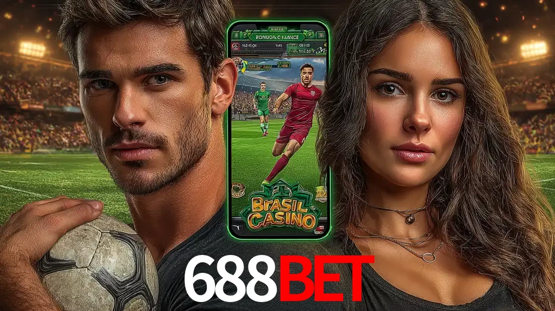 Homem segurando uma bola de futebol e uma mulher ao lado de um smartphone exibindo o jogo de apostas esportivas da 688BET. Faça seu palpite no cassino online.